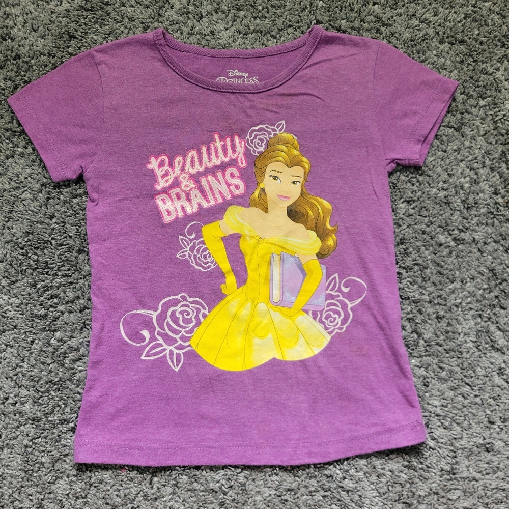 Disney Princess Belle Graphic Tee Purple, Yellow, Pink Size 5T 'Beauty & Brains'